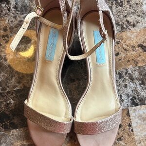 Betsey Johnson Glitter Strap Heels in Gold and Cream